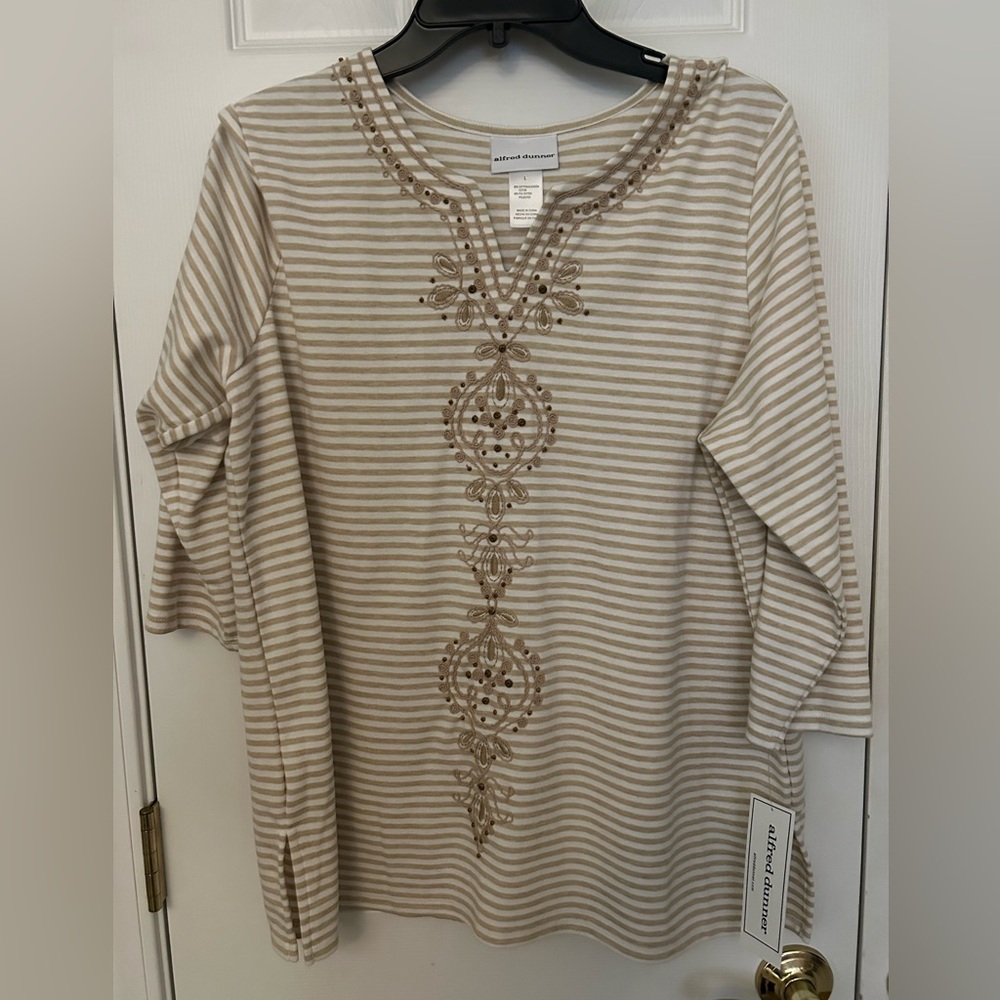 Alfred Dunner Tan and White Striped Blouse